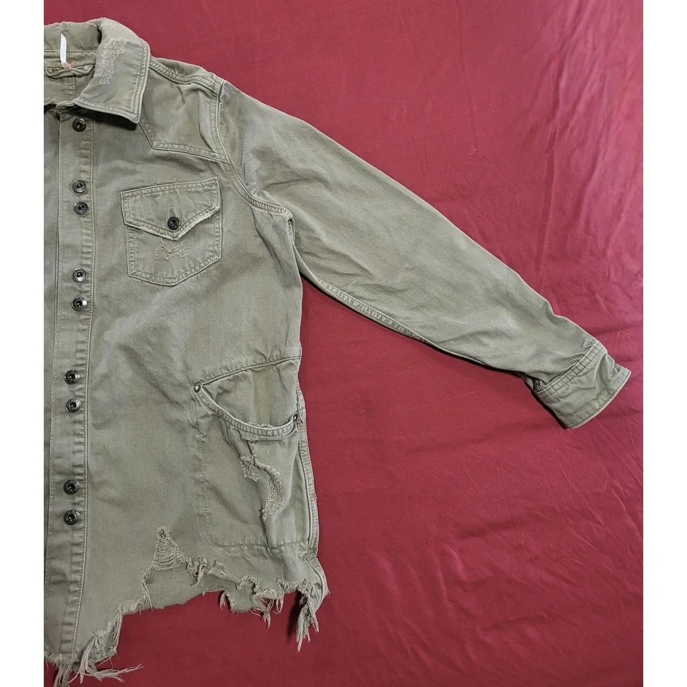 Free People Moonchild Denim Jacket Womens Large Army Green Distressed Size Small - Picture 4 of 14